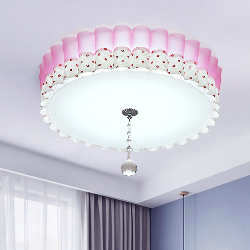 Pink Drum Flush Mount Lighting Pastoral Acrylic LED Bedroom Ceiling Light with Wavy Trim and Crystal Ball Pink Clearhalo 'Ceiling Lights' 'Close To Ceiling Lights' 'Close to ceiling' 'Flush mount' Lighting' 729188