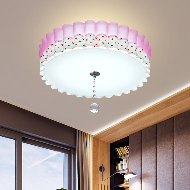 Pink Drum Flush Mount Lighting Pastoral Acrylic LED Bedroom Ceiling Light with Wavy Trim and Crystal Ball Clearhalo 'Ceiling Lights' 'Close To Ceiling Lights' 'Close to ceiling' 'Flush mount' Lighting' 729189