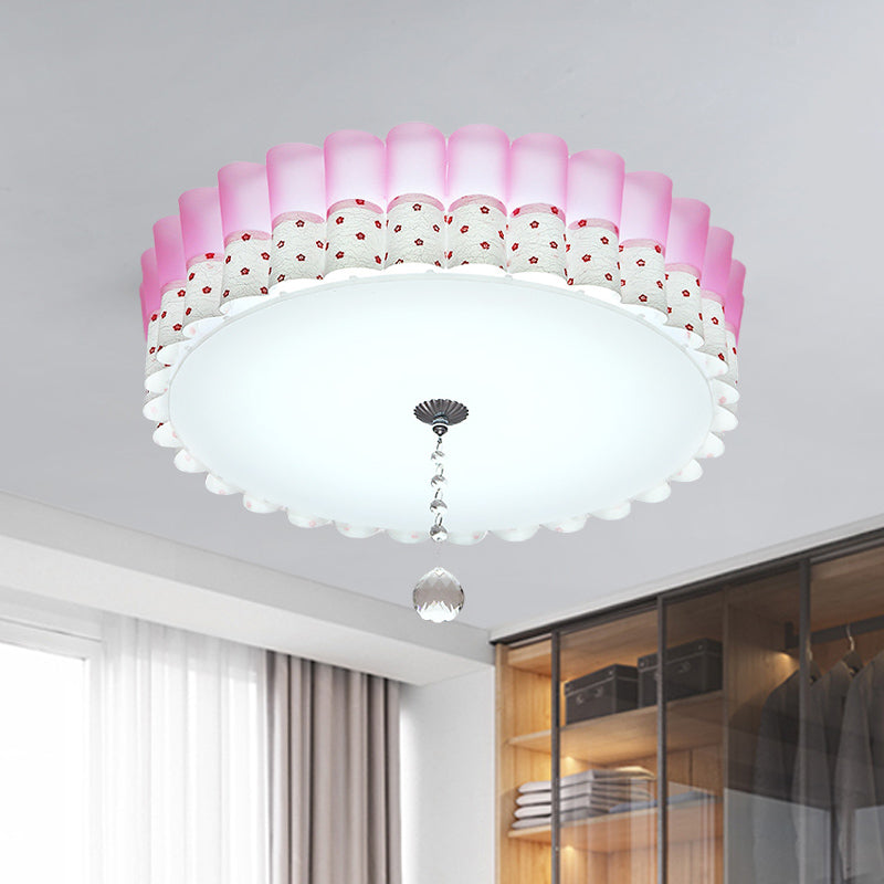 Pink Drum Flush Mount Lighting Pastoral Acrylic LED Bedroom Ceiling Light with Wavy Trim and Crystal Ball Clearhalo 'Ceiling Lights' 'Close To Ceiling Lights' 'Close to ceiling' 'Flush mount' Lighting' 729190