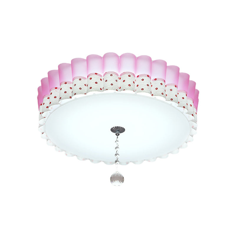 Pink Drum Flush Mount Lighting Pastoral Acrylic LED Bedroom Ceiling Light with Wavy Trim and Crystal Ball Clearhalo 'Ceiling Lights' 'Close To Ceiling Lights' 'Close to ceiling' 'Flush mount' Lighting' 729191