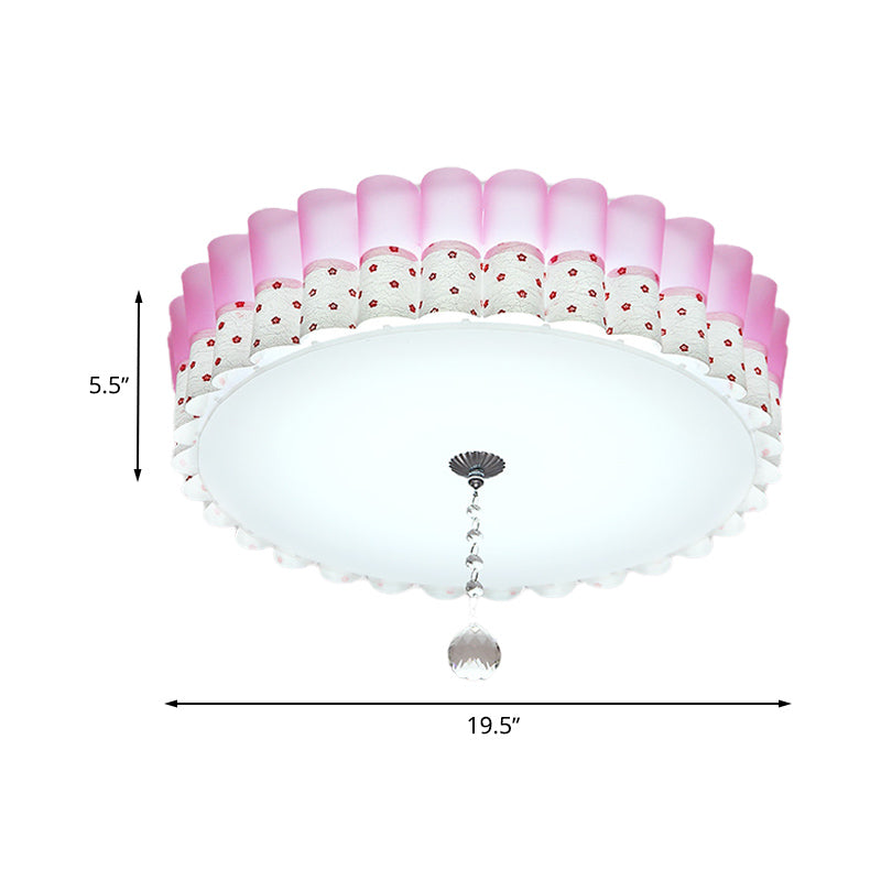 Pink Drum Flush Mount Lighting Pastoral Acrylic LED Bedroom Ceiling Light with Wavy Trim and Crystal Ball Clearhalo 'Ceiling Lights' 'Close To Ceiling Lights' 'Close to ceiling' 'Flush mount' Lighting' 729192