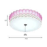 Pink Drum Flush Mount Lighting Pastoral Acrylic LED Bedroom Ceiling Light with Wavy Trim and Crystal Ball Clearhalo 'Ceiling Lights' 'Close To Ceiling Lights' 'Close to ceiling' 'Flush mount' Lighting' 729192