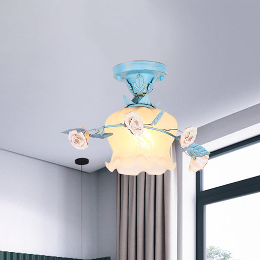 Milky Glass Blue Semi Mount Lighting Blossom 1 Bulb Korean Garden Flush Light Fixture for Entry Clearhalo 'Ceiling Lights' 'Close To Ceiling Lights' 'Close to ceiling' 'Semi-flushmount' Lighting' 729194