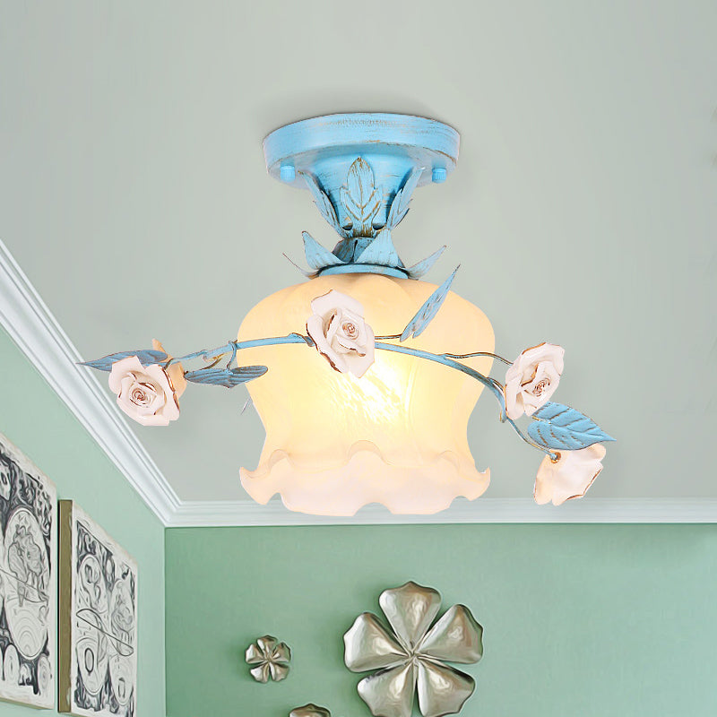 Milky Glass Blue Semi Mount Lighting Blossom 1 Bulb Korean Garden Flush Light Fixture for Entry Clearhalo 'Ceiling Lights' 'Close To Ceiling Lights' 'Close to ceiling' 'Semi-flushmount' Lighting' 729195