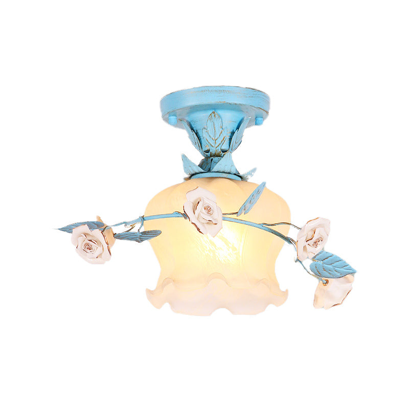 Milky Glass Blue Semi Mount Lighting Blossom 1 Bulb Korean Garden Flush Light Fixture for Entry Clearhalo 'Ceiling Lights' 'Close To Ceiling Lights' 'Close to ceiling' 'Semi-flushmount' Lighting' 729196