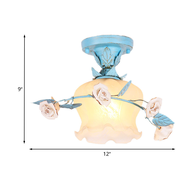 Milky Glass Blue Semi Mount Lighting Blossom 1 Bulb Korean Garden Flush Light Fixture for Entry Clearhalo 'Ceiling Lights' 'Close To Ceiling Lights' 'Close to ceiling' 'Semi-flushmount' Lighting' 729197