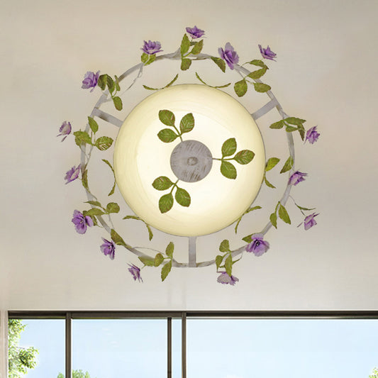 Pastoral Style Bowl Flush Light 2 Heads White Glass Flush Mount Ceiling Lamp with Bloom Decoration White Clearhalo 'Ceiling Lights' 'Close To Ceiling Lights' 'Close to ceiling' 'Flush mount' Lighting' 729198