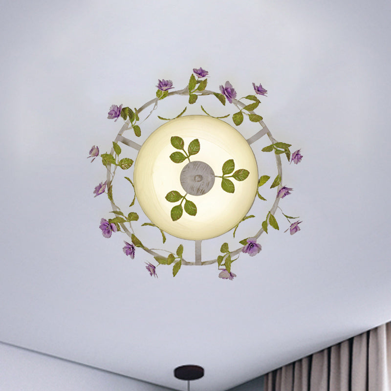 Pastoral Style Bowl Flush Light 2 Heads White Glass Flush Mount Ceiling Lamp with Bloom Decoration Clearhalo 'Ceiling Lights' 'Close To Ceiling Lights' 'Close to ceiling' 'Flush mount' Lighting' 729199