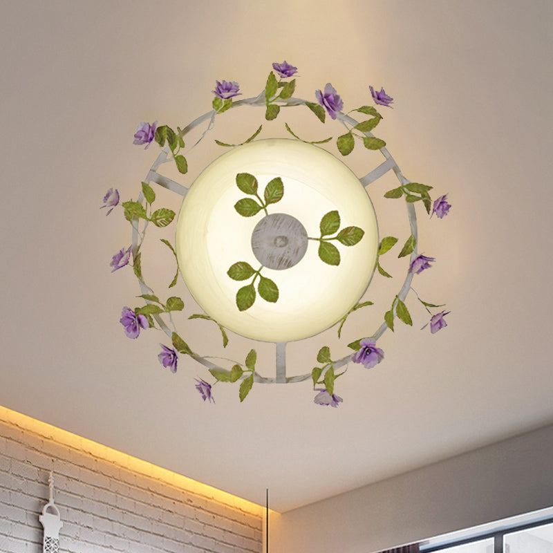 Pastoral Style Bowl Flush Light 2 Heads White Glass Flush Mount Ceiling Lamp with Bloom Decoration Clearhalo 'Ceiling Lights' 'Close To Ceiling Lights' 'Close to ceiling' 'Flush mount' Lighting' 729200