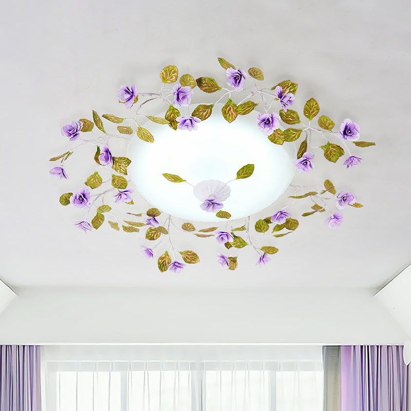 LED White Glass Semi Flush Countryside Purple Domed Bedroom Flush Ceiling Light with Flower and Leaf, 23"/28" W White Clearhalo 'Ceiling Lights' 'Close To Ceiling Lights' 'Close to ceiling' 'Semi-flushmount' Lighting' 729203