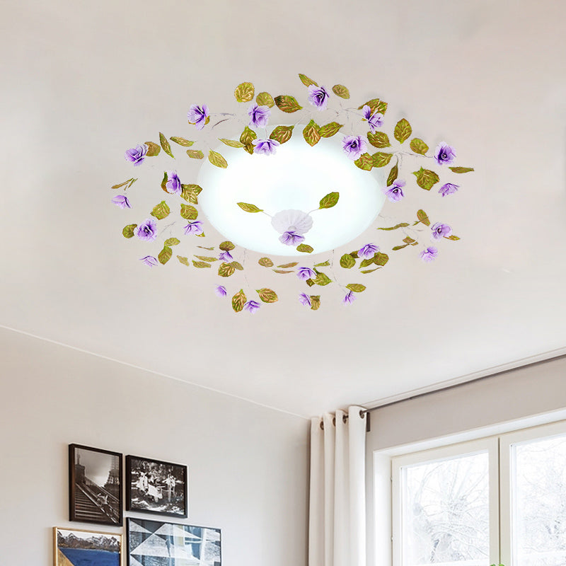 LED White Glass Semi Flush Countryside Purple Domed Bedroom Flush Ceiling Light with Flower and Leaf, 23"/28" W Clearhalo 'Ceiling Lights' 'Close To Ceiling Lights' 'Close to ceiling' 'Semi-flushmount' Lighting' 729204