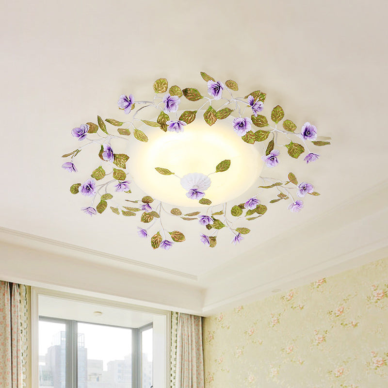 LED White Glass Semi Flush Countryside Purple Domed Bedroom Flush Ceiling Light with Flower and Leaf, 23"/28" W Clearhalo 'Ceiling Lights' 'Close To Ceiling Lights' 'Close to ceiling' 'Semi-flushmount' Lighting' 729205