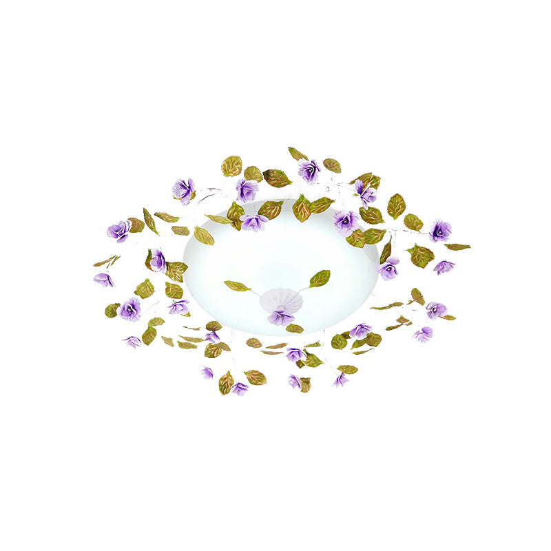 LED White Glass Semi Flush Countryside Purple Domed Bedroom Flush Ceiling Light with Flower and Leaf, 23"/28" W Clearhalo 'Ceiling Lights' 'Close To Ceiling Lights' 'Close to ceiling' 'Semi-flushmount' Lighting' 729206