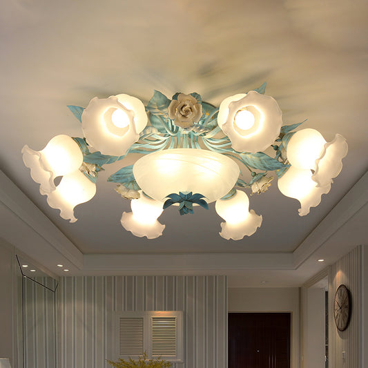 Starburst Milk Glass Semi-Flush Mount Korean Flower 5/7/11 Lights Living Room Flush Light Fixture 11 Blue Clearhalo 'Ceiling Lights' 'Close To Ceiling Lights' 'Close to ceiling' 'Semi-flushmount' Lighting' 729219