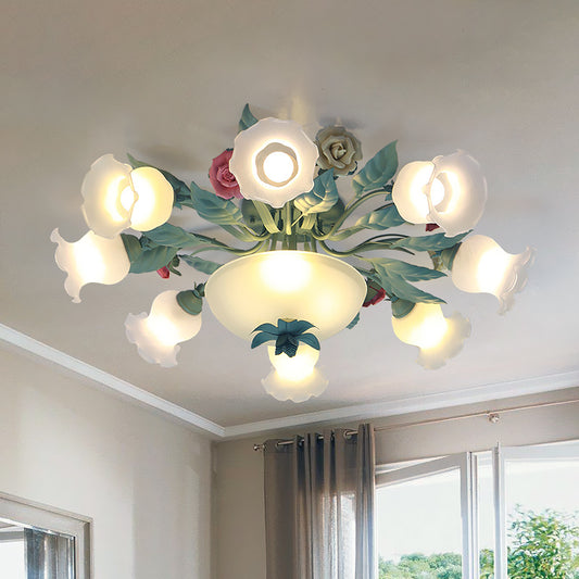 Starburst Milk Glass Semi-Flush Mount Korean Flower 5/7/11 Lights Living Room Flush Light Fixture Clearhalo 'Ceiling Lights' 'Close To Ceiling Lights' 'Close to ceiling' 'Semi-flushmount' Lighting' 729220