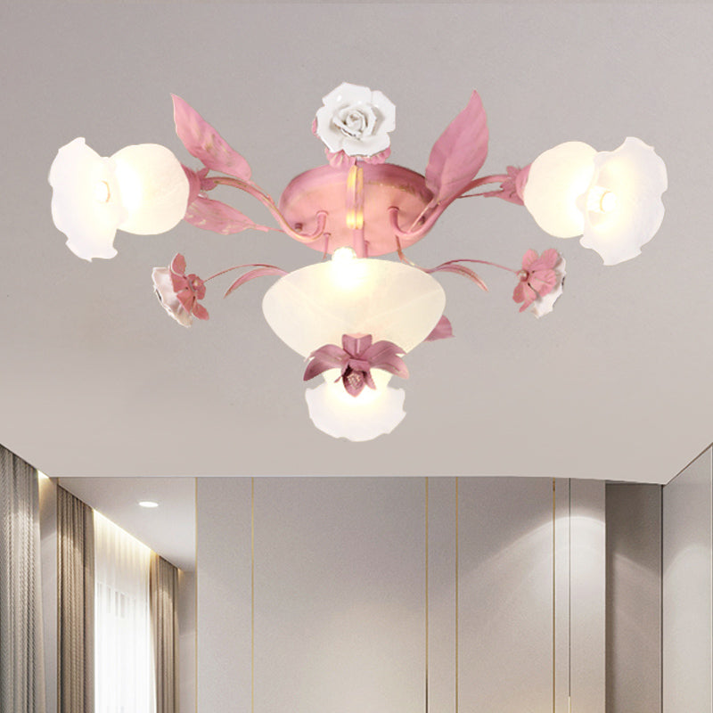 Pink Blossom Semi-Flush Ceiling Light Korean Garden Opal Glass 5/7/11 Bulbs Restaurant Flush Mount 5 Pink Clearhalo 'Ceiling Lights' 'Close To Ceiling Lights' 'Close to ceiling' 'Semi-flushmount' Lighting' 729224