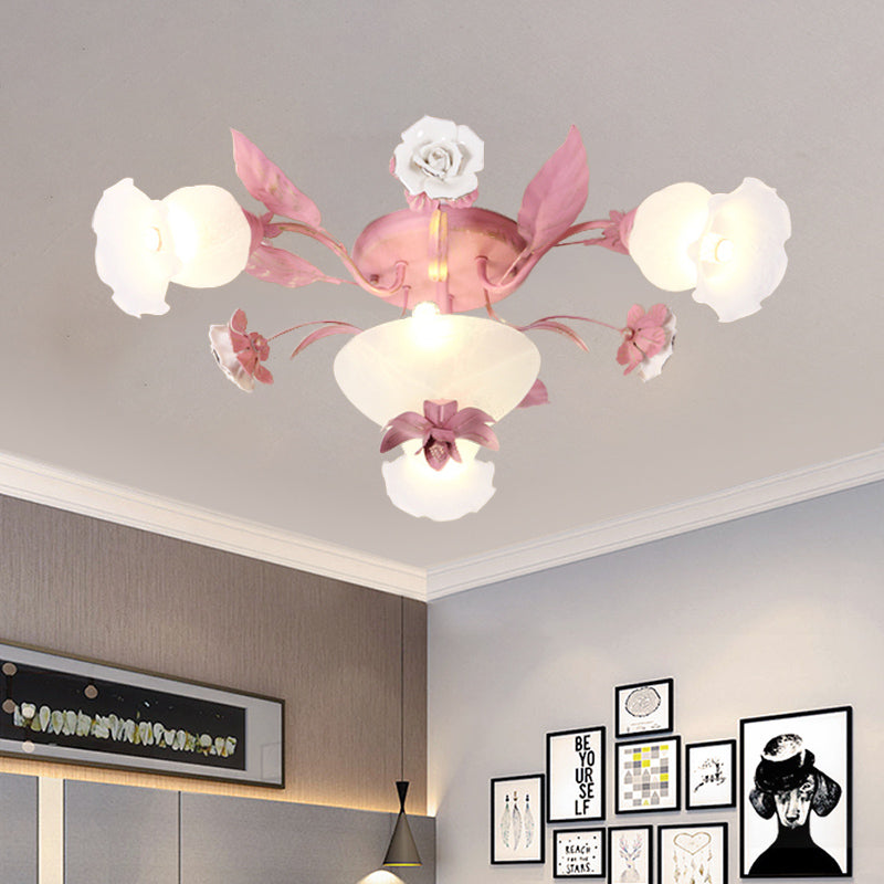 Pink Blossom Semi-Flush Ceiling Light Korean Garden Opal Glass 5/7/11 Bulbs Restaurant Flush Mount Clearhalo 'Ceiling Lights' 'Close To Ceiling Lights' 'Close to ceiling' 'Semi-flushmount' Lighting' 729226