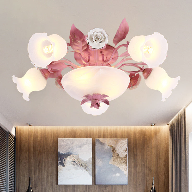 Pink Blossom Semi-Flush Ceiling Light Korean Garden Opal Glass 5/7/11 Bulbs Restaurant Flush Mount 7 Pink Clearhalo 'Ceiling Lights' 'Close To Ceiling Lights' 'Close to ceiling' 'Semi-flushmount' Lighting' 729229