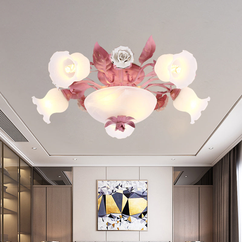 Pink Blossom Semi-Flush Ceiling Light Korean Garden Opal Glass 5/7/11 Bulbs Restaurant Flush Mount Clearhalo 'Ceiling Lights' 'Close To Ceiling Lights' 'Close to ceiling' 'Semi-flushmount' Lighting' 729230