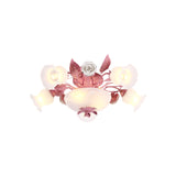 Pink Blossom Semi-Flush Ceiling Light Korean Garden Opal Glass 5/7/11 Bulbs Restaurant Flush Mount Clearhalo 'Ceiling Lights' 'Close To Ceiling Lights' 'Close to ceiling' 'Semi-flushmount' Lighting' 729231