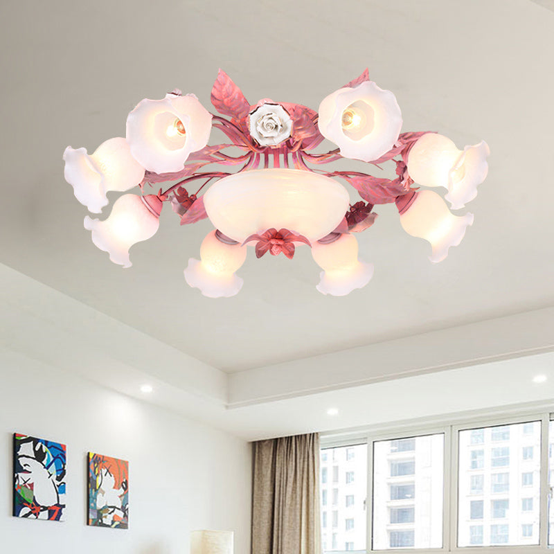 Pink Blossom Semi-Flush Ceiling Light Korean Garden Opal Glass 5/7/11 Bulbs Restaurant Flush Mount Clearhalo 'Ceiling Lights' 'Close To Ceiling Lights' 'Close to ceiling' 'Semi-flushmount' Lighting' 729233