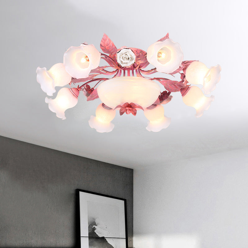 Pink Blossom Semi-Flush Ceiling Light Korean Garden Opal Glass 5/7/11 Bulbs Restaurant Flush Mount 11 Pink Clearhalo 'Ceiling Lights' 'Close To Ceiling Lights' 'Close to ceiling' 'Semi-flushmount' Lighting' 729234