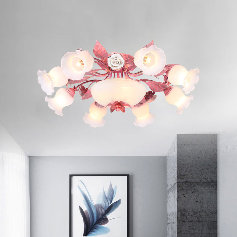 Pink Blossom Semi-Flush Ceiling Light Korean Garden Opal Glass 5/7/11 Bulbs Restaurant Flush Mount Clearhalo 'Ceiling Lights' 'Close To Ceiling Lights' 'Close to ceiling' 'Semi-flushmount' Lighting' 729235