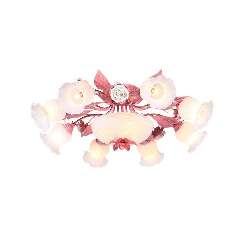 Pink Blossom Semi-Flush Ceiling Light Korean Garden Opal Glass 5/7/11 Bulbs Restaurant Flush Mount Clearhalo 'Ceiling Lights' 'Close To Ceiling Lights' 'Close to ceiling' 'Semi-flushmount' Lighting' 729236