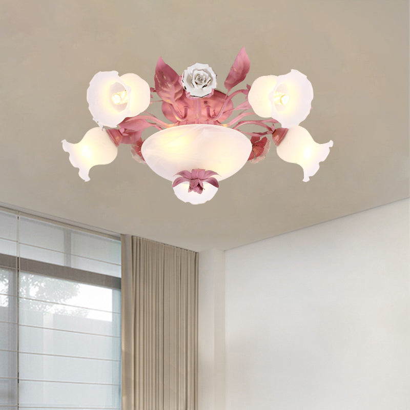 Pink Blossom Semi-Flush Ceiling Light Korean Garden Opal Glass 5/7/11 Bulbs Restaurant Flush Mount Clearhalo 'Ceiling Lights' 'Close To Ceiling Lights' 'Close to ceiling' 'Semi-flushmount' Lighting' 729238