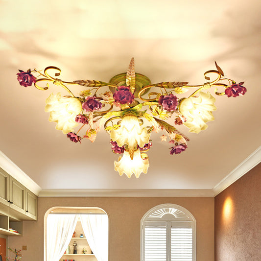 Opal Glass Scalloped Semi Flush Korean Flower 4 Bulbs Living Room Flush Ceiling Light in Green Green Clearhalo 'Ceiling Lights' 'Close To Ceiling Lights' 'Close to ceiling' 'Semi-flushmount' Lighting' 729239