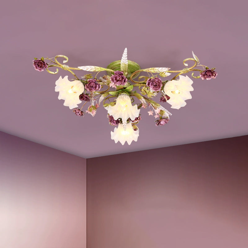 Opal Glass Scalloped Semi Flush Korean Flower 4 Bulbs Living Room Flush Ceiling Light in Green Clearhalo 'Ceiling Lights' 'Close To Ceiling Lights' 'Close to ceiling' 'Semi-flushmount' Lighting' 729240