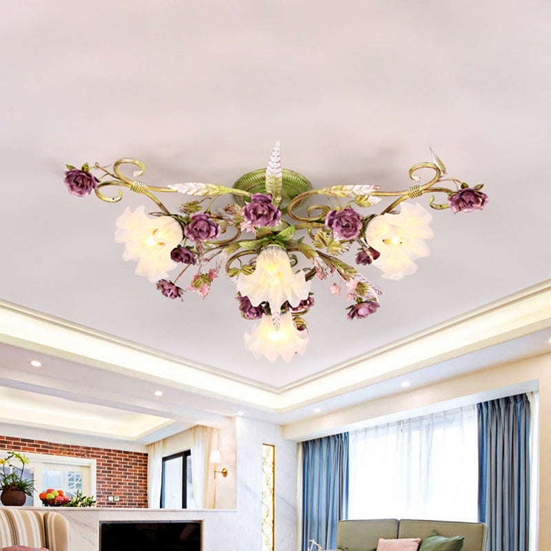 Opal Glass Scalloped Semi Flush Korean Flower 4 Bulbs Living Room Flush Ceiling Light in Green Clearhalo 'Ceiling Lights' 'Close To Ceiling Lights' 'Close to ceiling' 'Semi-flushmount' Lighting' 729241