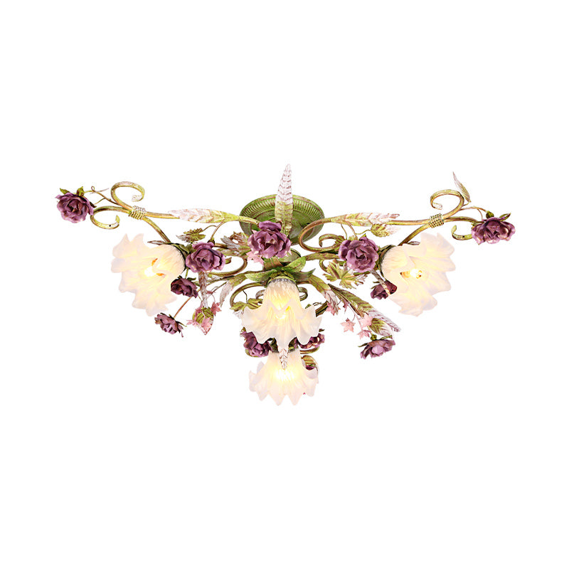 Opal Glass Scalloped Semi Flush Korean Flower 4 Bulbs Living Room Flush Ceiling Light in Green Clearhalo 'Ceiling Lights' 'Close To Ceiling Lights' 'Close to ceiling' 'Semi-flushmount' Lighting' 729242