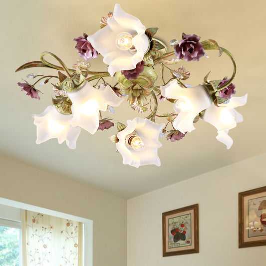 Romantic Pastoral Spiral Ceiling Flush 6 Heads Opal Glass Semi Flush Light with Flower in Green Green Clearhalo 'Ceiling Lights' 'Close To Ceiling Lights' 'Close to ceiling' 'Semi-flushmount' Lighting' 729244