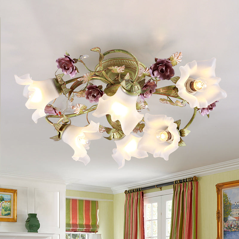 Romantic Pastoral Spiral Ceiling Flush 6 Heads Opal Glass Semi Flush Light with Flower in Green Clearhalo 'Ceiling Lights' 'Close To Ceiling Lights' 'Close to ceiling' 'Semi-flushmount' Lighting' 729245