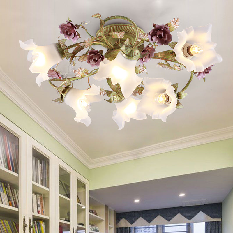 Romantic Pastoral Spiral Ceiling Flush 6 Heads Opal Glass Semi Flush Light with Flower in Green Clearhalo 'Ceiling Lights' 'Close To Ceiling Lights' 'Close to ceiling' 'Semi-flushmount' Lighting' 729246