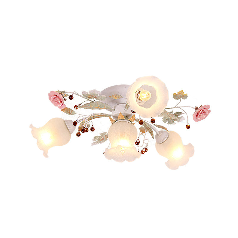 Frosted Glass Green Flush Light Spread 4/6/9-Head Korean Flower Semi Mount Lighting for Bedroom Clearhalo 'Ceiling Lights' 'Close To Ceiling Lights' 'Close to ceiling' 'Semi-flushmount' Lighting' 729282