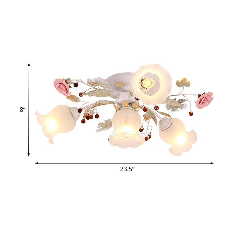 Frosted Glass Green Flush Light Spread 4/6/9-Head Korean Flower Semi Mount Lighting for Bedroom Clearhalo 'Ceiling Lights' 'Close To Ceiling Lights' 'Close to ceiling' 'Semi-flushmount' Lighting' 729283