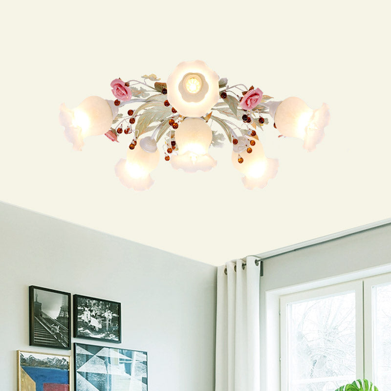 Frosted Glass Green Flush Light Spread 4/6/9-Head Korean Flower Semi Mount Lighting for Bedroom Clearhalo 'Ceiling Lights' 'Close To Ceiling Lights' 'Close to ceiling' 'Semi-flushmount' Lighting' 729286