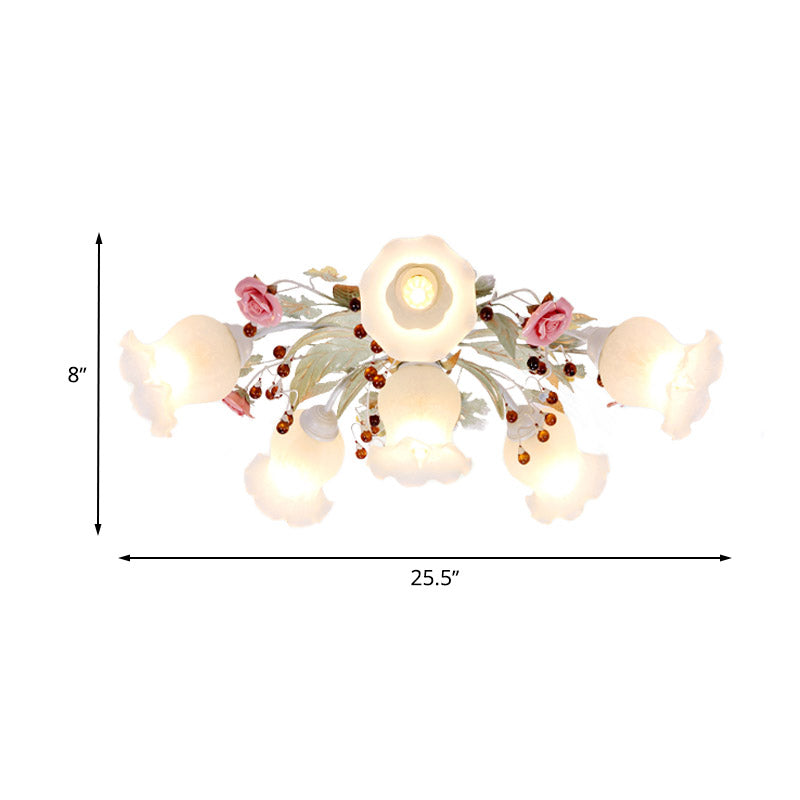 Frosted Glass Green Flush Light Spread 4/6/9-Head Korean Flower Semi Mount Lighting for Bedroom Clearhalo 'Ceiling Lights' 'Close To Ceiling Lights' 'Close to ceiling' 'Semi-flushmount' Lighting' 729288