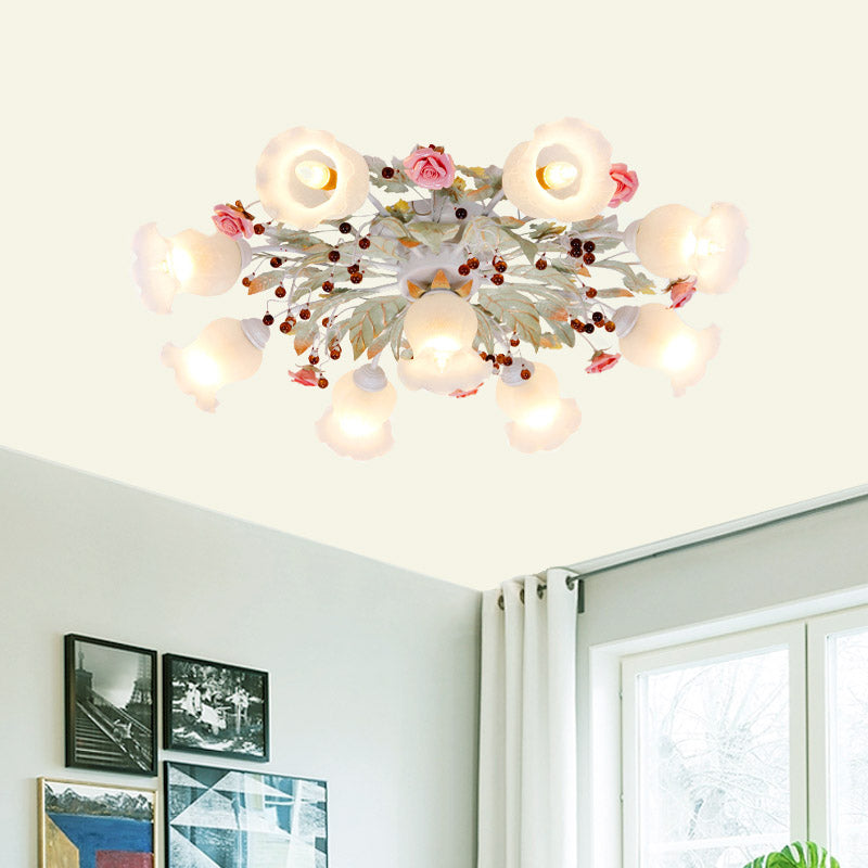 Frosted Glass Green Flush Light Spread 4/6/9-Head Korean Flower Semi Mount Lighting for Bedroom Clearhalo 'Ceiling Lights' 'Close To Ceiling Lights' 'Close to ceiling' 'Semi-flushmount' Lighting' 729290