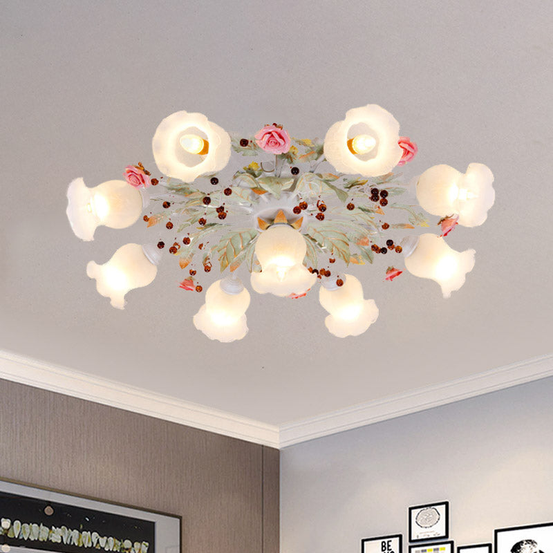 Frosted Glass Green Flush Light Spread 4/6/9-Head Korean Flower Semi Mount Lighting for Bedroom Clearhalo 'Ceiling Lights' 'Close To Ceiling Lights' 'Close to ceiling' 'Semi-flushmount' Lighting' 729291