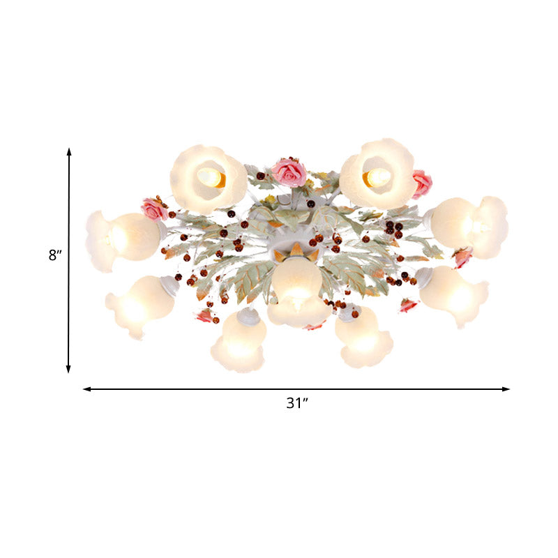 Frosted Glass Green Flush Light Spread 4/6/9-Head Korean Flower Semi Mount Lighting for Bedroom Clearhalo 'Ceiling Lights' 'Close To Ceiling Lights' 'Close to ceiling' 'Semi-flushmount' Lighting' 729293
