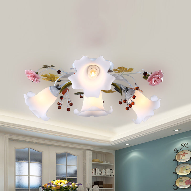 Spread White Glass Ceiling Lamp Korean Flower 4/7/9 Lights Living Room Semi Flush Mount Light Fixture 4 White Clearhalo 'Ceiling Lights' 'Close To Ceiling Lights' 'Close to ceiling' 'Semi-flushmount' Lighting' 729309