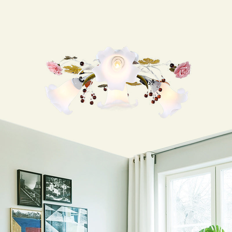 Spread White Glass Ceiling Lamp Korean Flower 4/7/9 Lights Living Room Semi Flush Mount Light Fixture Clearhalo 'Ceiling Lights' 'Close To Ceiling Lights' 'Close to ceiling' 'Semi-flushmount' Lighting' 729310