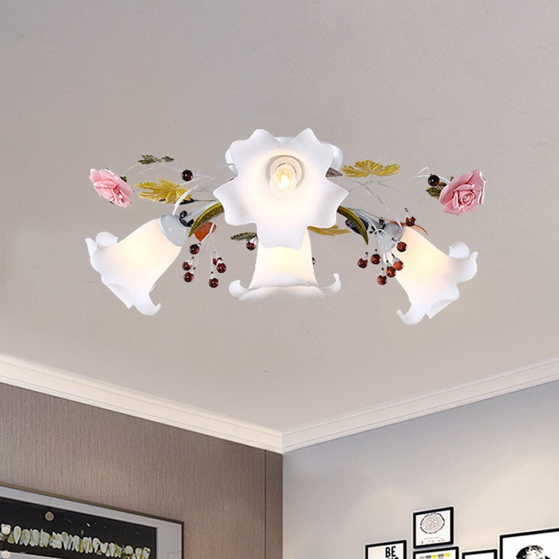 Spread White Glass Ceiling Lamp Korean Flower 4/7/9 Lights Living Room Semi Flush Mount Light Fixture Clearhalo 'Ceiling Lights' 'Close To Ceiling Lights' 'Close to ceiling' 'Semi-flushmount' Lighting' 729311