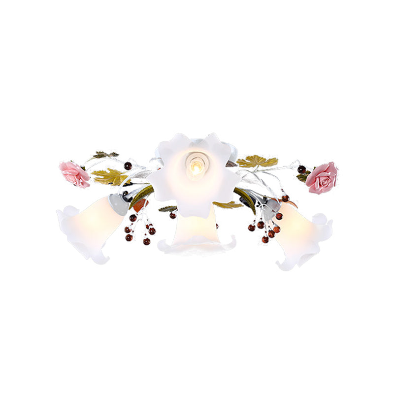 Spread White Glass Ceiling Lamp Korean Flower 4/7/9 Lights Living Room Semi Flush Mount Light Fixture Clearhalo 'Ceiling Lights' 'Close To Ceiling Lights' 'Close to ceiling' 'Semi-flushmount' Lighting' 729312