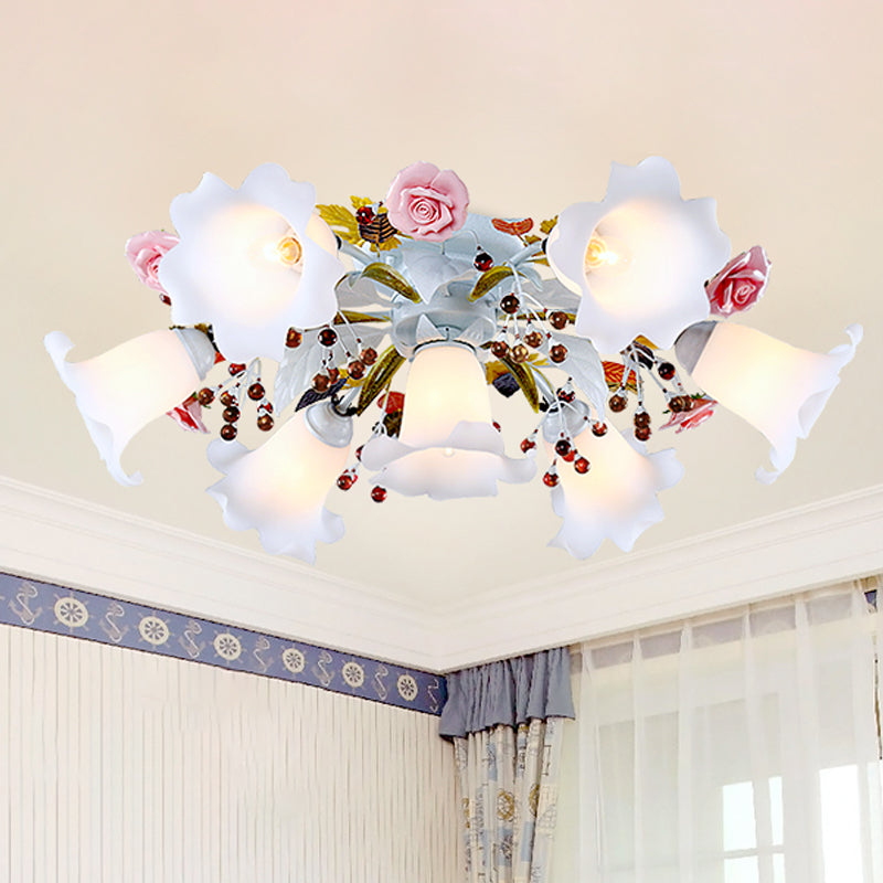 Spread White Glass Ceiling Lamp Korean Flower 4/7/9 Lights Living Room Semi Flush Mount Light Fixture 7 White Clearhalo 'Ceiling Lights' 'Close To Ceiling Lights' 'Close to ceiling' 'Semi-flushmount' Lighting' 729314