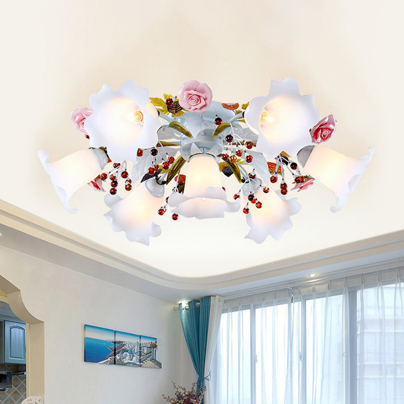 Spread White Glass Ceiling Lamp Korean Flower 4/7/9 Lights Living Room Semi Flush Mount Light Fixture Clearhalo 'Ceiling Lights' 'Close To Ceiling Lights' 'Close to ceiling' 'Semi-flushmount' Lighting' 729315