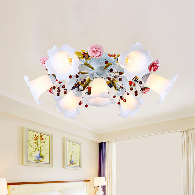 Spread White Glass Ceiling Lamp Korean Flower 4/7/9 Lights Living Room Semi Flush Mount Light Fixture Clearhalo 'Ceiling Lights' 'Close To Ceiling Lights' 'Close to ceiling' 'Semi-flushmount' Lighting' 729316